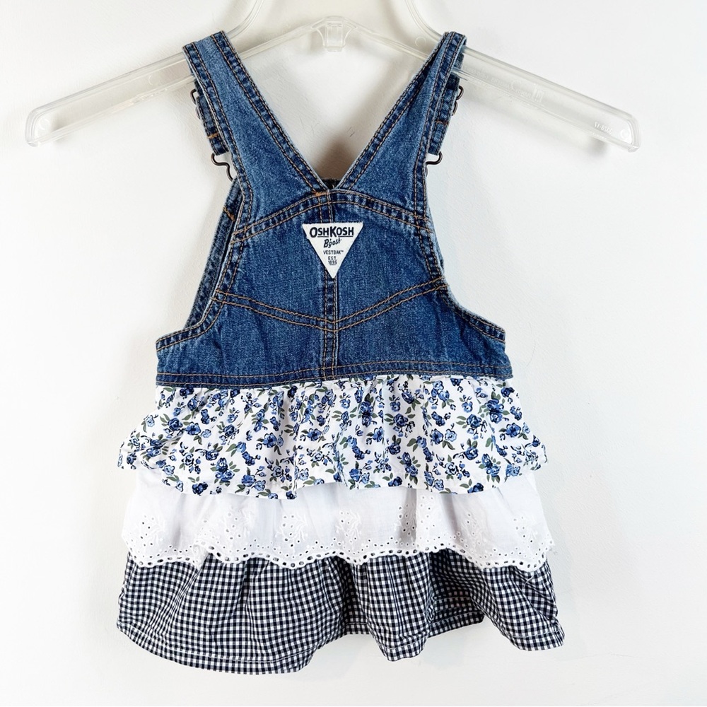 Oshkosh Girls 2T Denim Overall Dress Frill Skirt Eyelet Lace Tiered Gingham - Picture 4 of 9